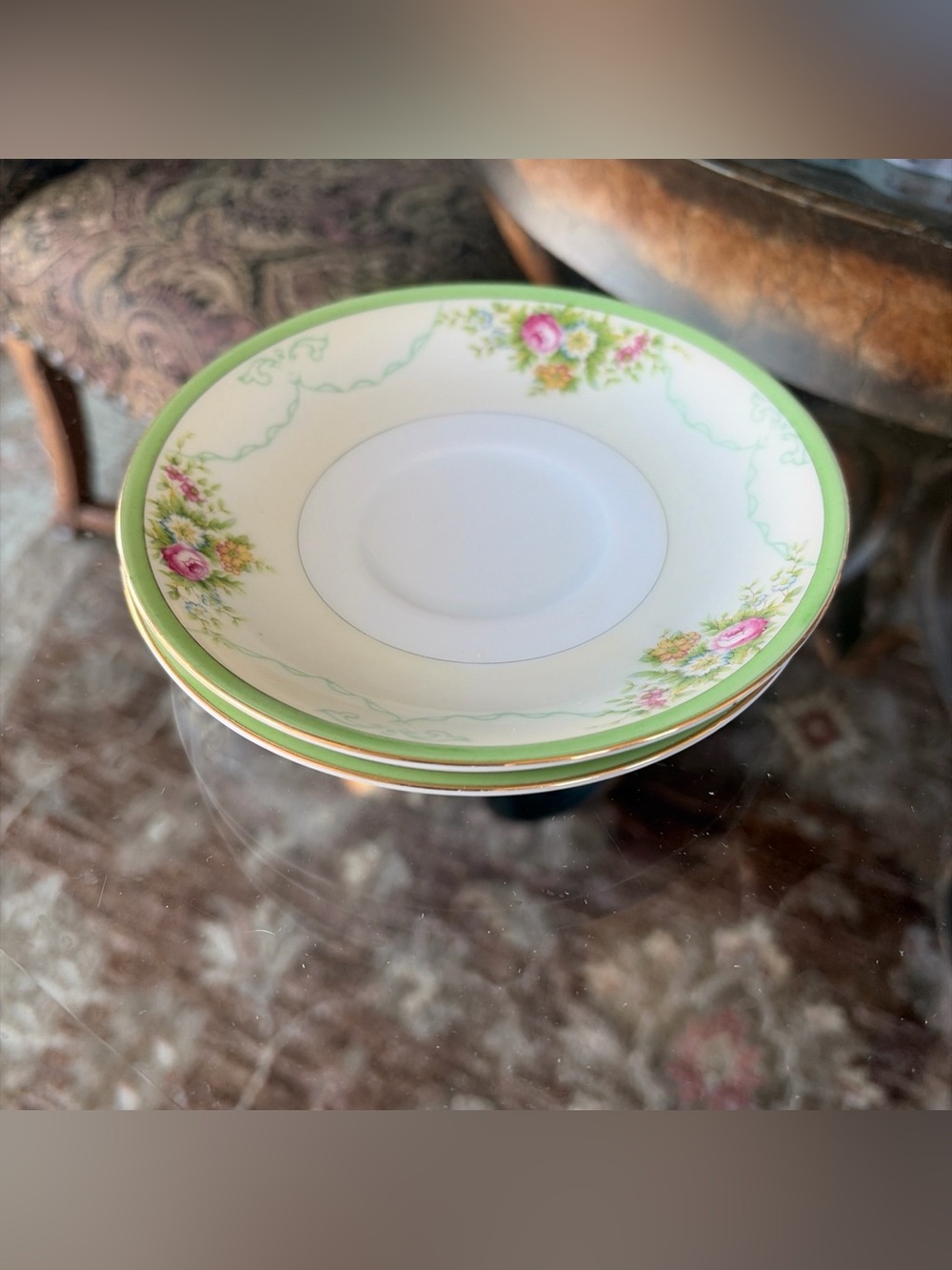 VTG Grace China Saucers-5.5” “Formal Garden”-Green Trim/Floral Print-2 Ct